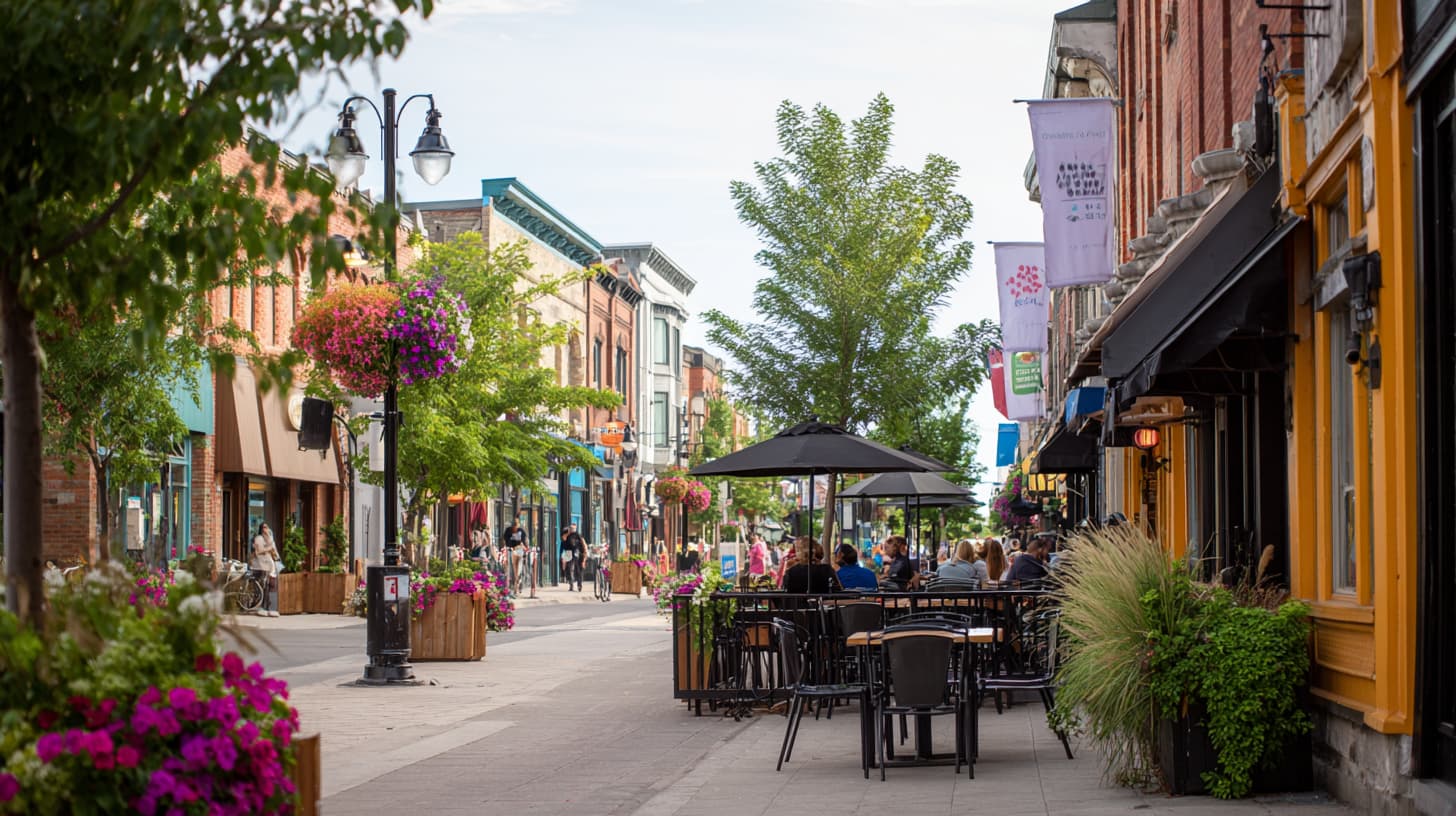 Small-town main street with storefronts, patios, and pedestrians